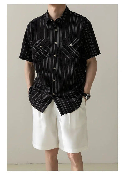 Zhou Flap Pocket Stripes Shirt-korean-fashion-Shirt-Zhou's Closet-OH Garments