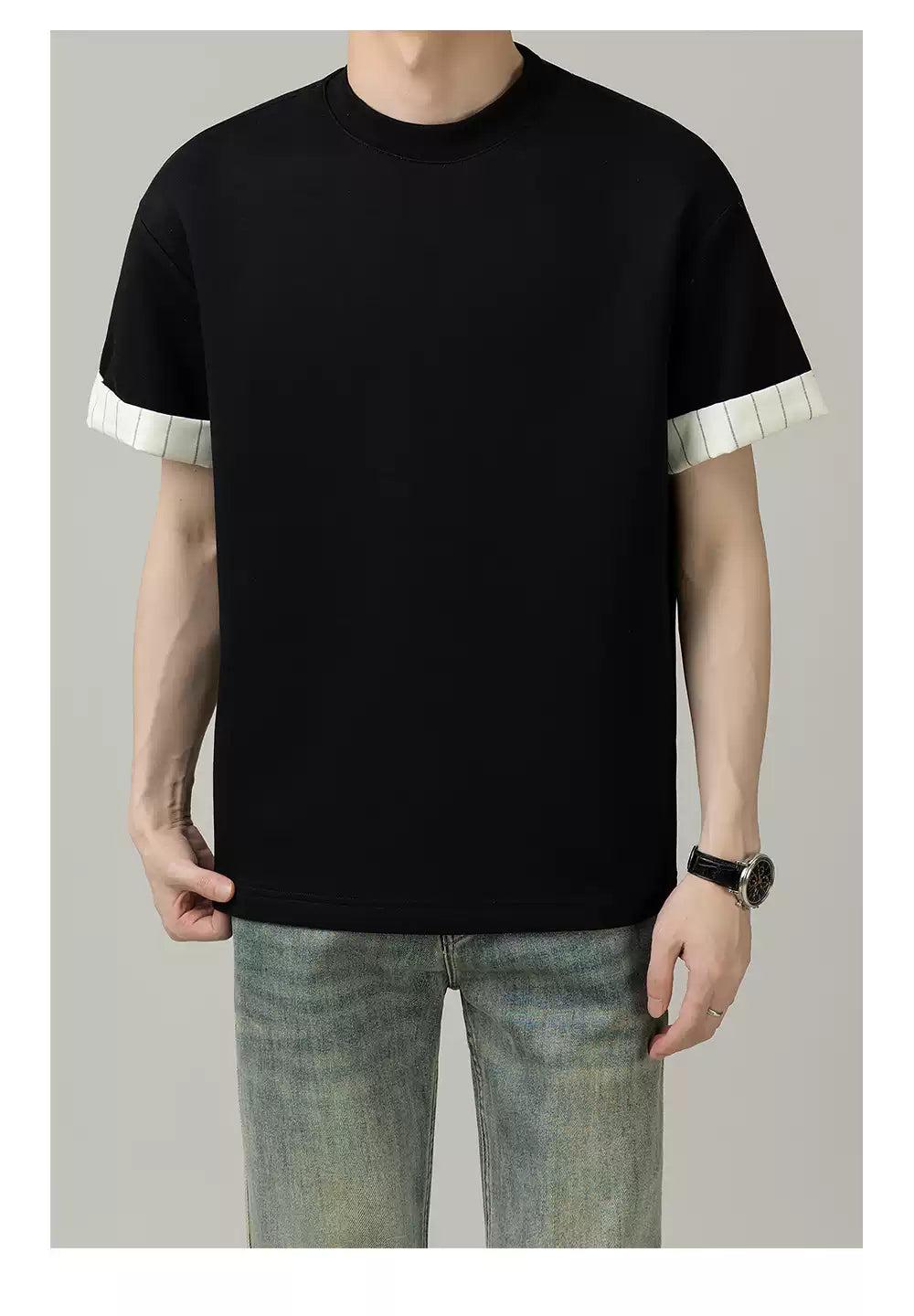 Zhou Folded Striped Sleeve T-Shirt-korean-fashion-T-Shirt-Zhou's Closet-OH Garments