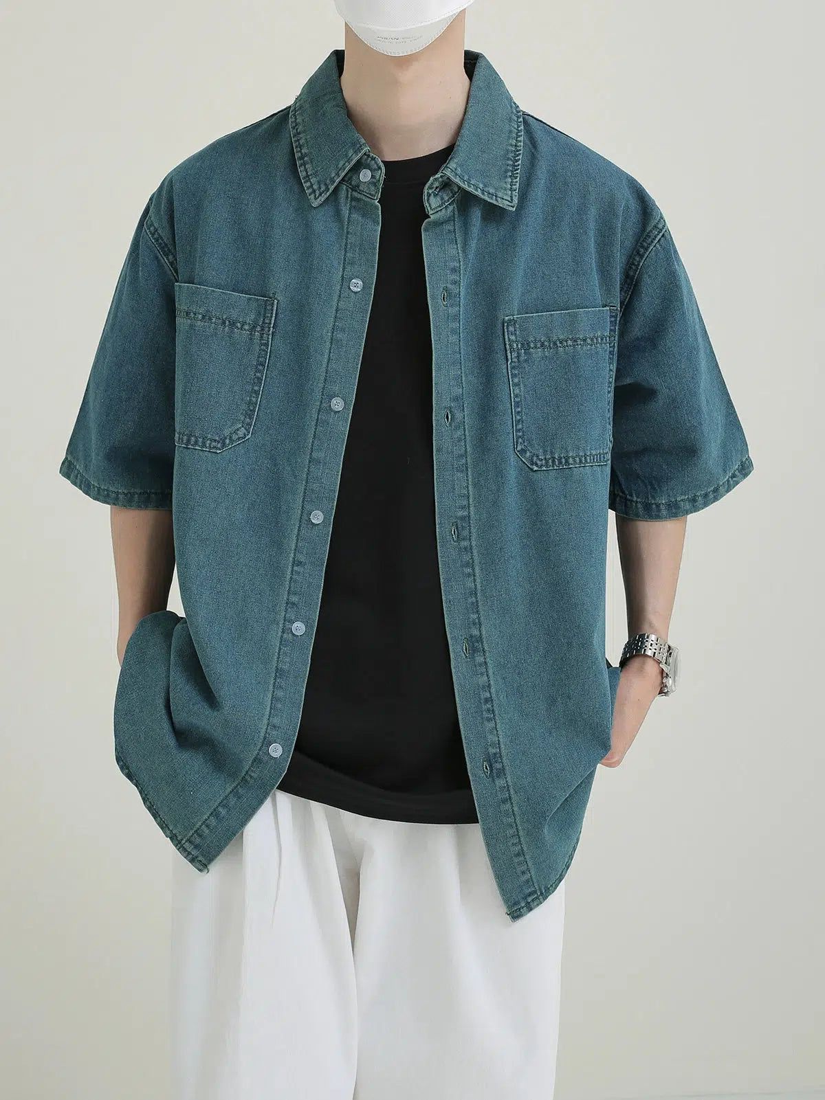 Zhou Heavy Washed Half-Sleeve Denim Shirt-korean-fashion-Shirt-Zhou's Closet-OH Garments