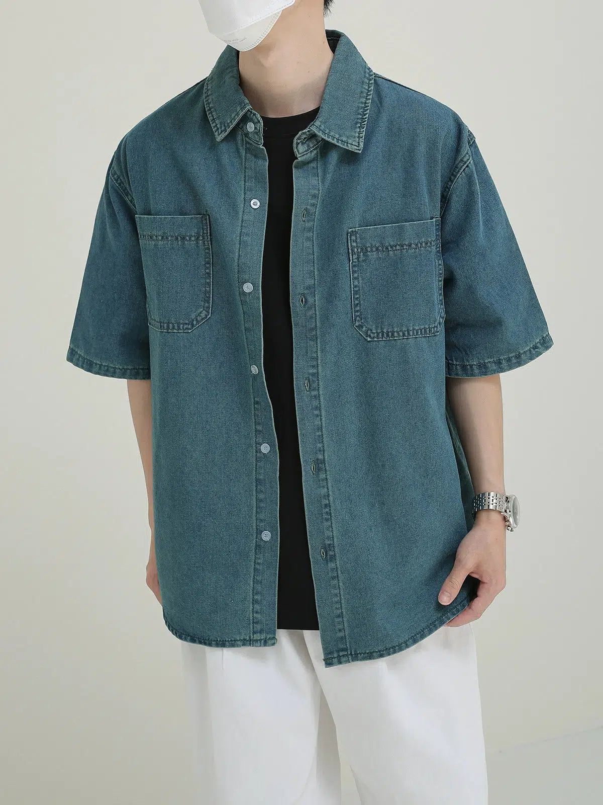 Zhou Heavy Washed Half-Sleeve Denim Shirt-korean-fashion-Shirt-Zhou's Closet-OH Garments