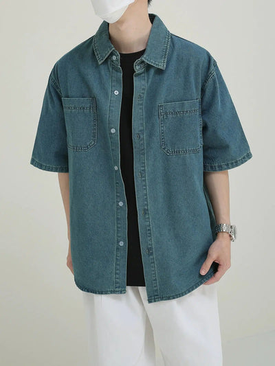 Zhou Heavy Washed Half-Sleeve Denim Shirt-korean-fashion-Shirt-Zhou's Closet-OH Garments