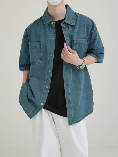 Zhou Heavy Washed Half-Sleeve Denim Shirt-korean-fashion-Shirt-Zhou's Closet-OH Garments