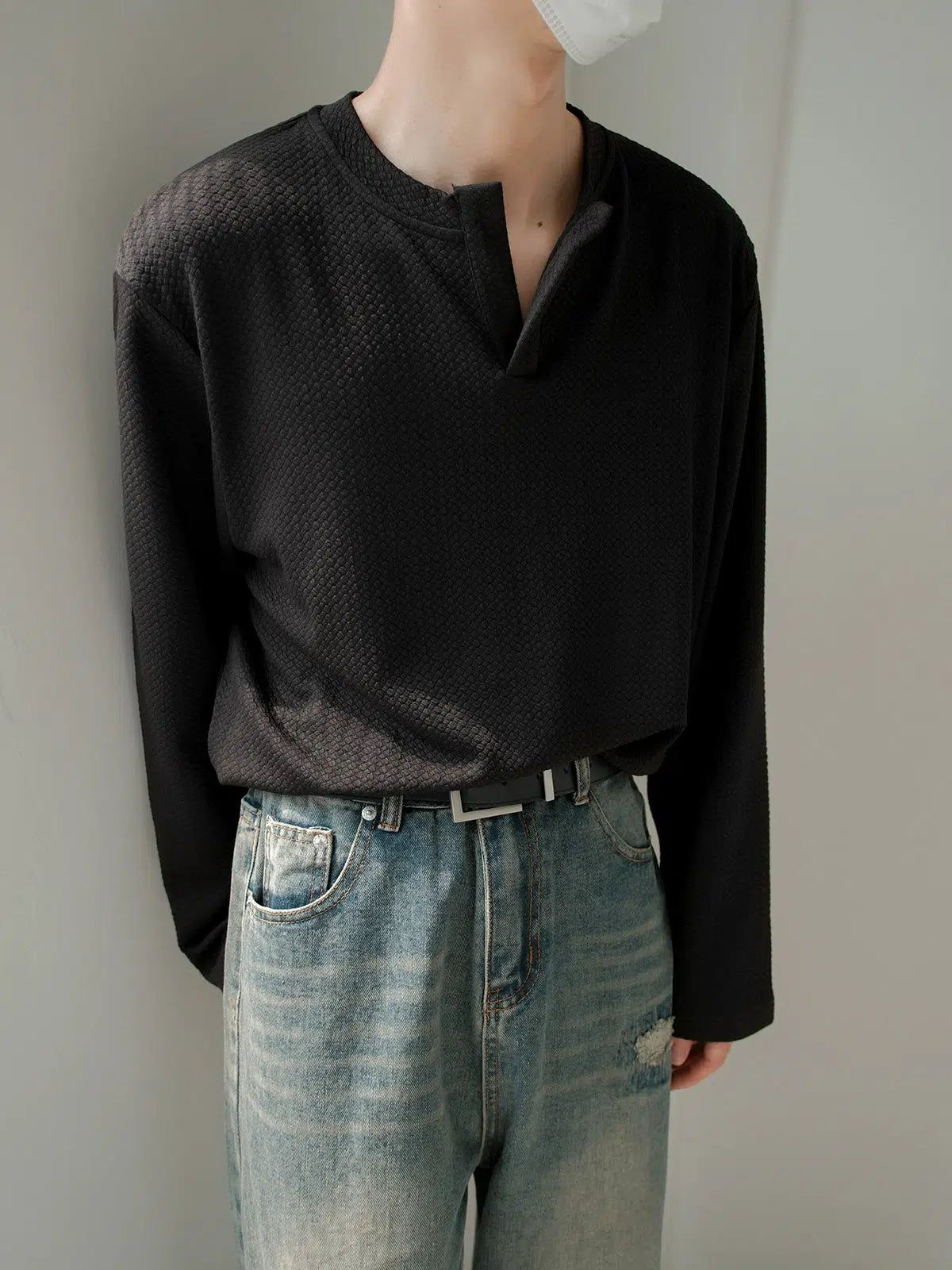 Zhou Henry Collar Textured Long Sleeve T-Shirt-korean-fashion-T-Shirt-Zhou's Closet-OH Garments