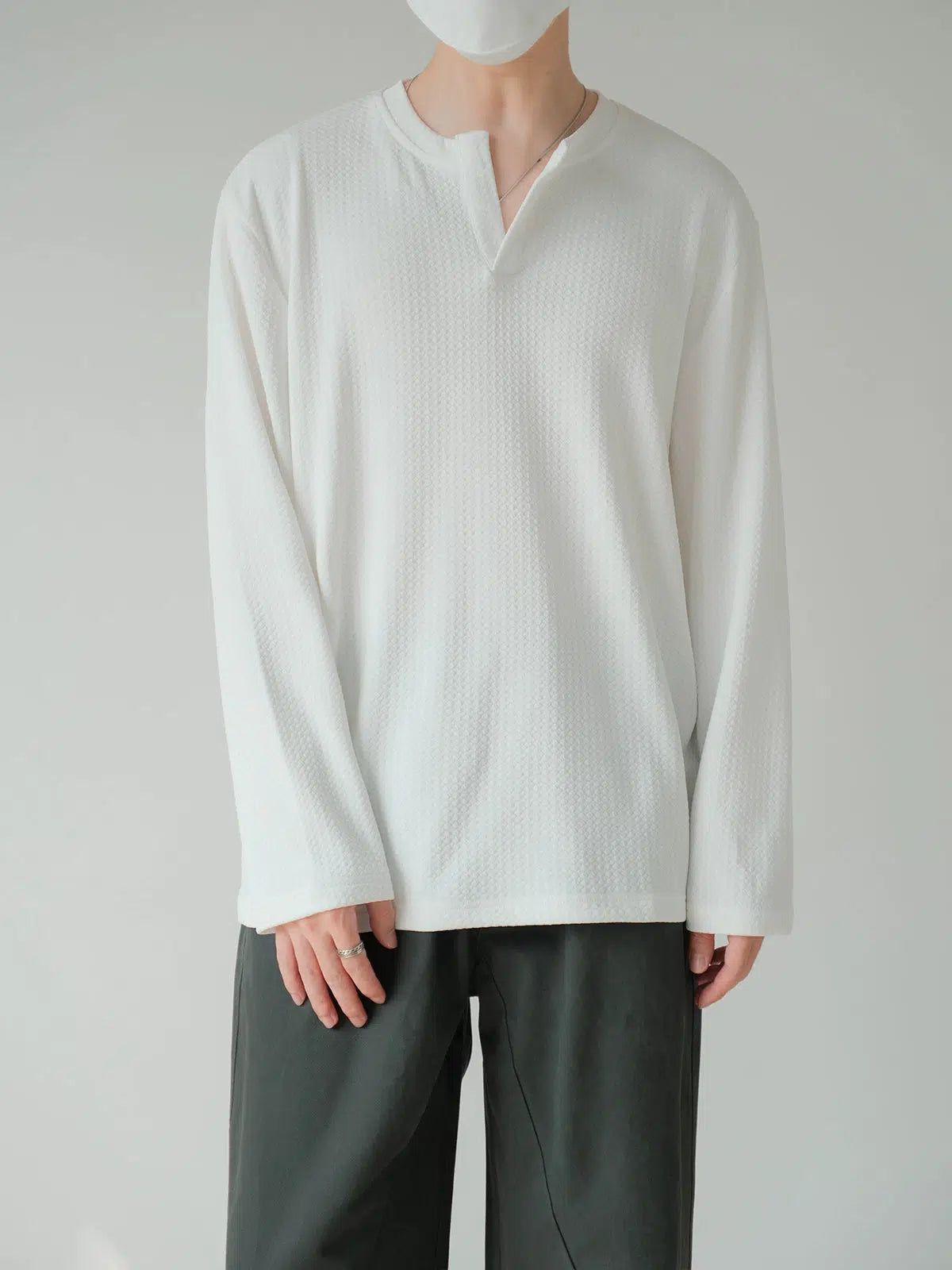 Zhou Henry Collar Textured Long Sleeve T-Shirt-korean-fashion-T-Shirt-Zhou's Closet-OH Garments