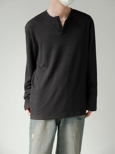 Zhou Henry Collar Textured Long Sleeve T-Shirt-korean-fashion-T-Shirt-Zhou's Closet-OH Garments