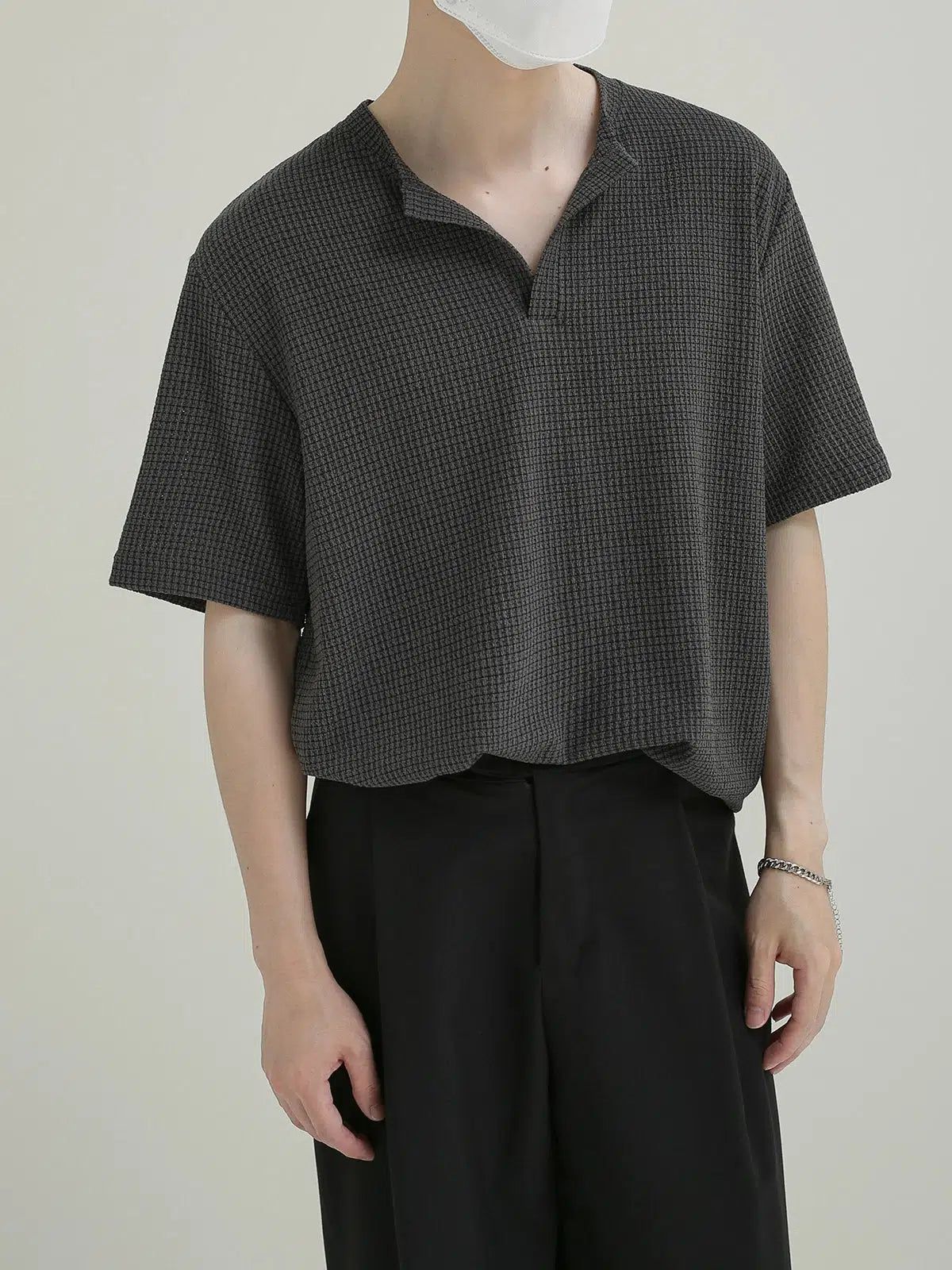 Zhou Houndstooth Y-Neck T-Shirt-korean-fashion-T-Shirt-Zhou's Closet-OH Garments