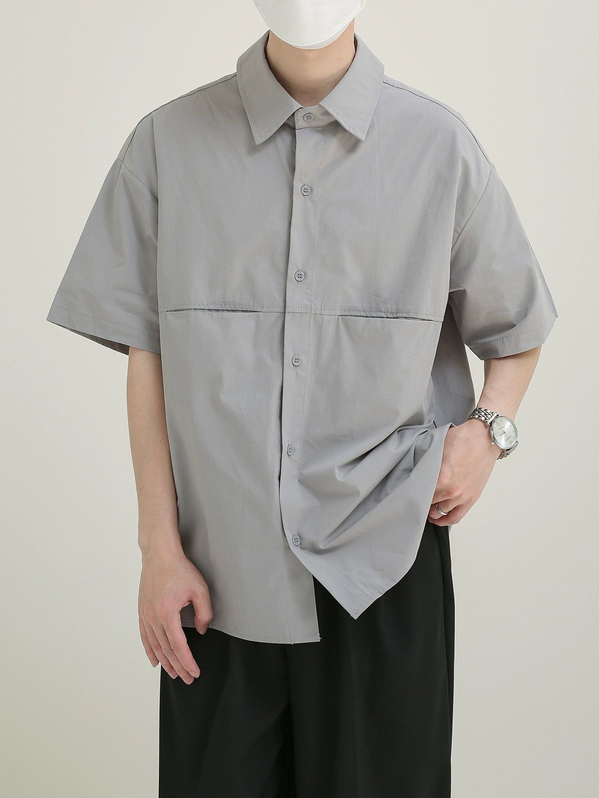 Zhou Irregular Pocket Collared Short Sleeve Shirt-korean-fashion-Shirt-Zhou's Closet-OH Garments