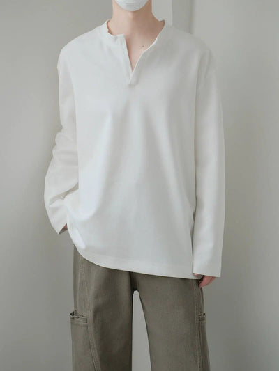 Zhou Plain Color Notch V-Neck Long Sleeve T-Shirt-korean-fashion-T-Shirt-Zhou's Closet-OH Garments