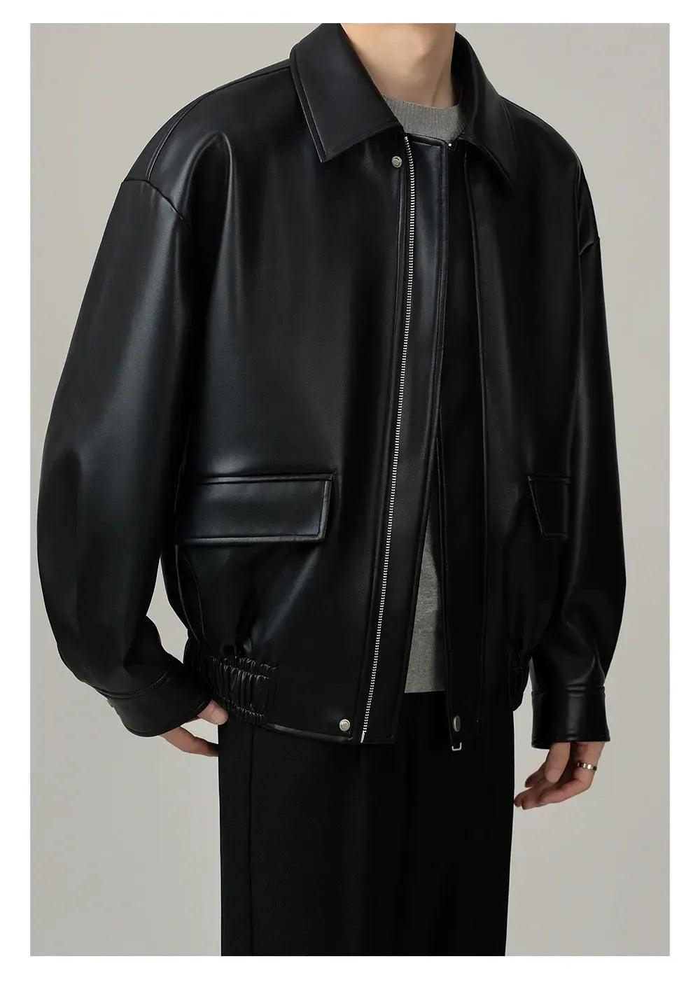 Zhou Retro Ruched Hem PU Leather Jacket-korean-fashion-Jacket-Zhou's Closet-OH Garments