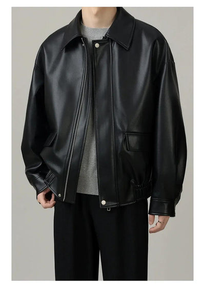 Zhou Retro Ruched Hem PU Leather Jacket-korean-fashion-Jacket-Zhou's Closet-OH Garments