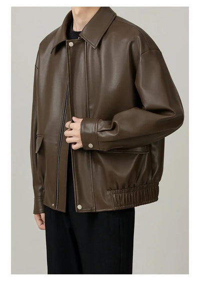 Zhou Retro Ruched Hem PU Leather Jacket-korean-fashion-Jacket-Zhou's Closet-OH Garments