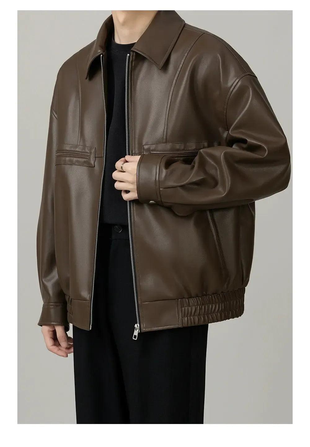 Zhou Ruched Hem PU Leather Jacket-korean-fashion-Jacket-Zhou's Closet-OH Garments