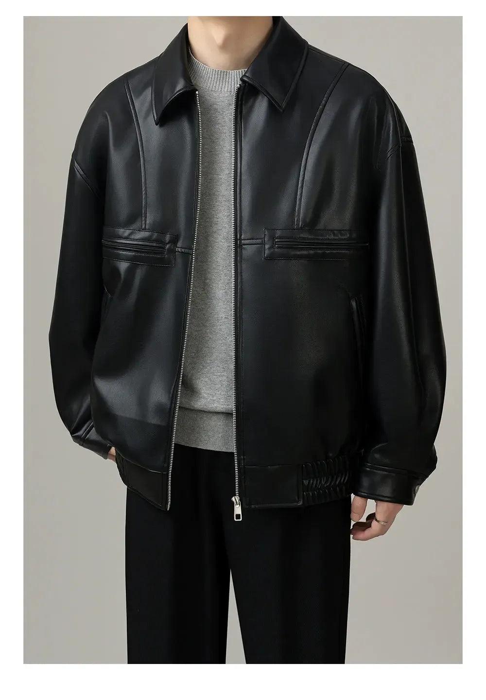 Zhou Ruched Hem PU Leather Jacket-korean-fashion-Jacket-Zhou's Closet-OH Garments