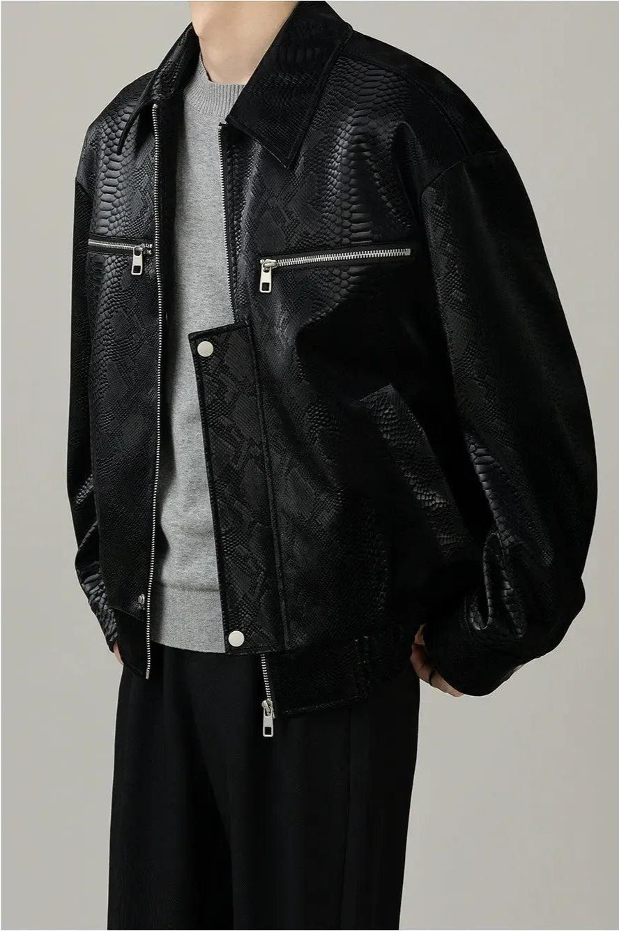 Zhou Scale Textured PU Leather Jacket-korean-fashion-Jacket-Zhou's Closet-OH Garments