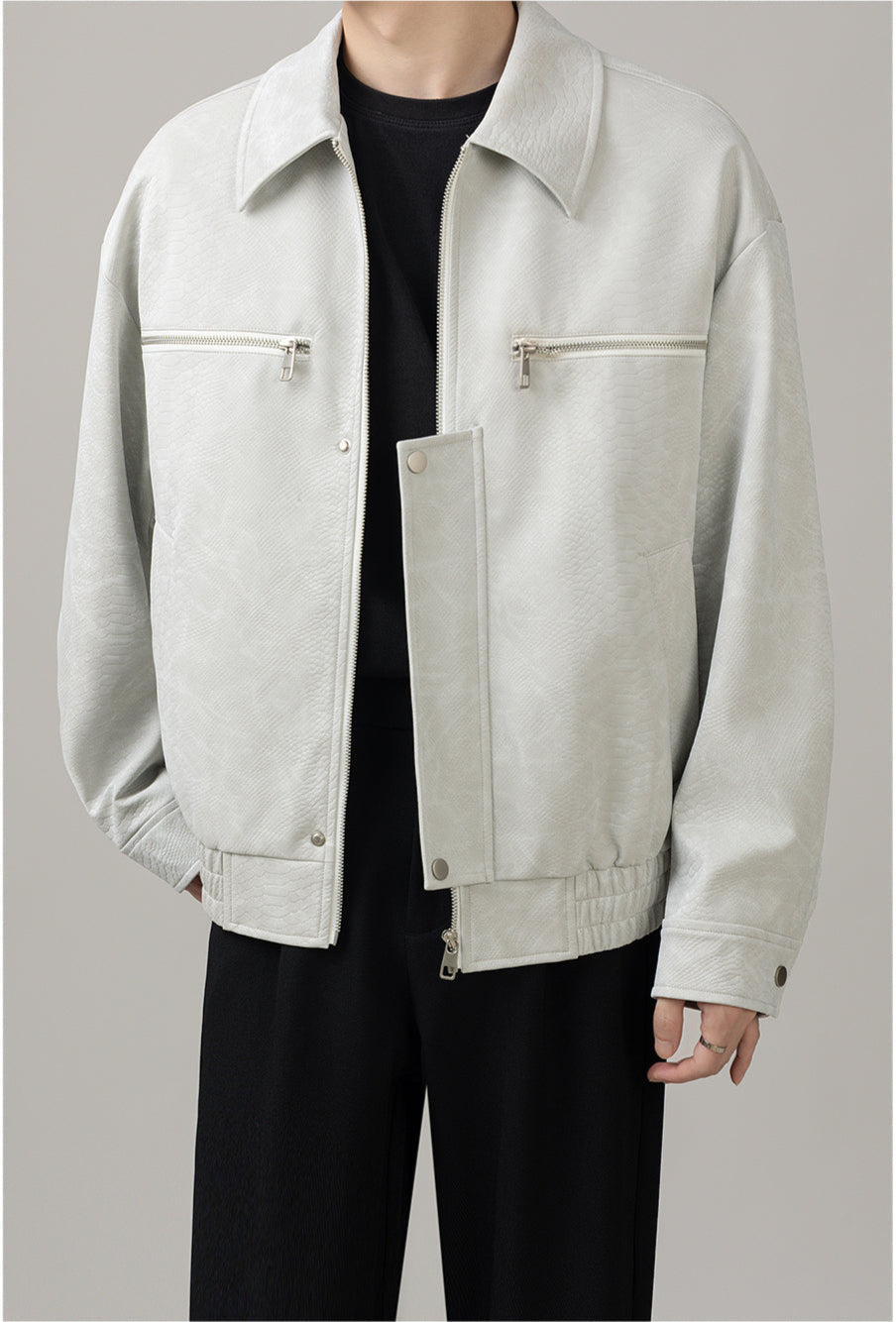 Zhou Scale Textured PU Leather Jacket-korean-fashion-Jacket-Zhou's Closet-OH Garments