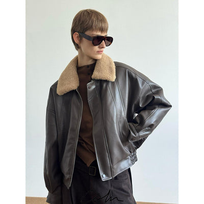 Zhou Shearling Collar PU Leather Jacket-korean-fashion-Jacket-Zhou's Closet-OH Garments