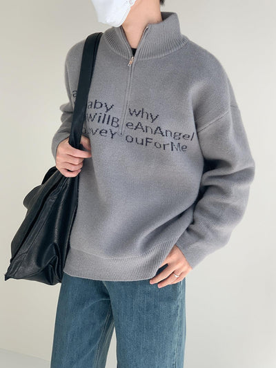 Zhou Slogan Text Knitted Half-Zip-korean-fashion-Half-Zip-Zhou's Closet-OH Garments