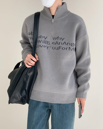 Zhou Slogan Text Knitted Half-Zip-korean-fashion-Half-Zip-Zhou's Closet-OH Garments