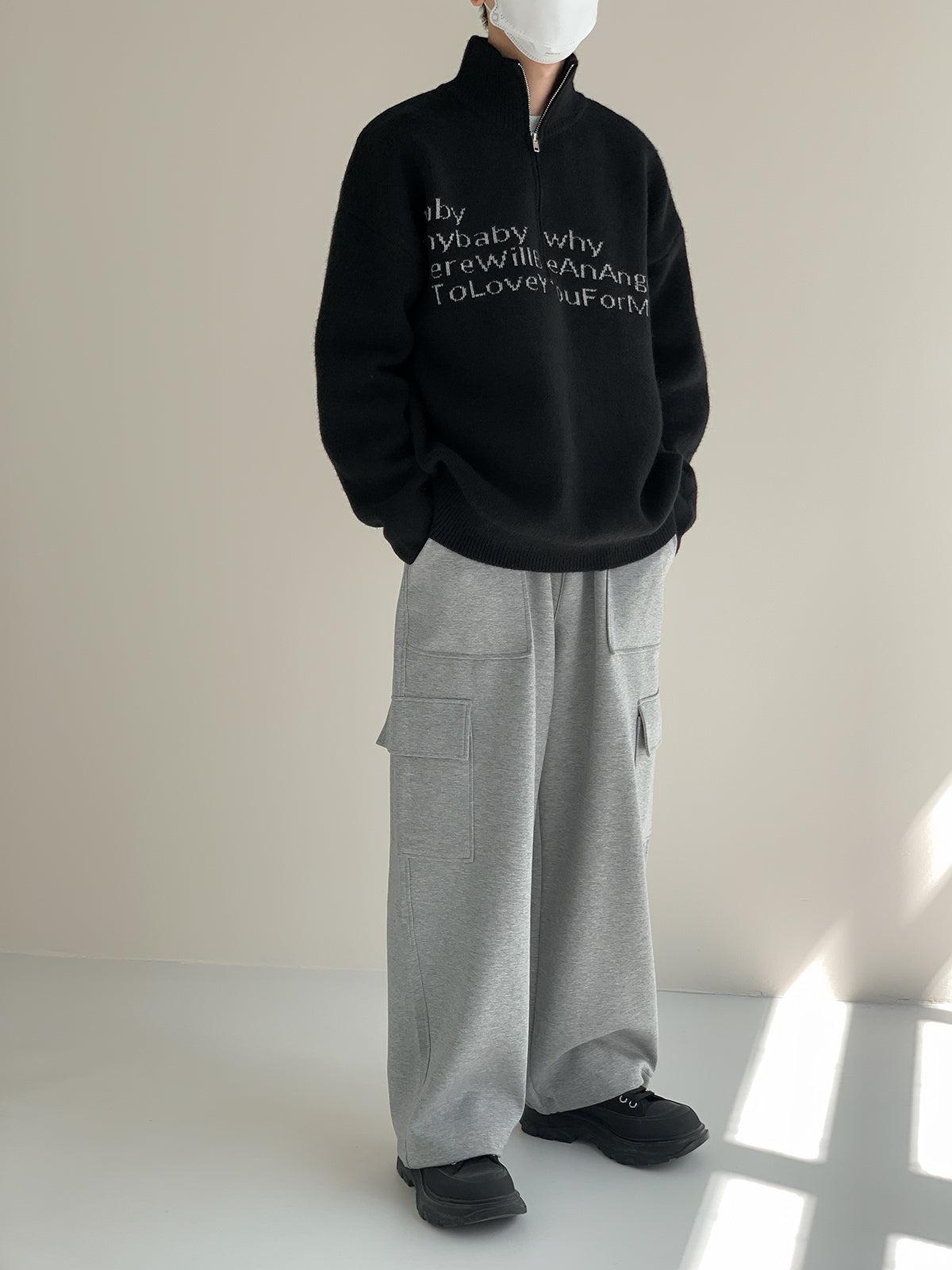 Zhou Slogan Text Knitted Half-Zip-korean-fashion-Half-Zip-Zhou's Closet-OH Garments