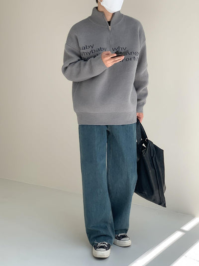 Zhou Slogan Text Knitted Half-Zip-korean-fashion-Half-Zip-Zhou's Closet-OH Garments