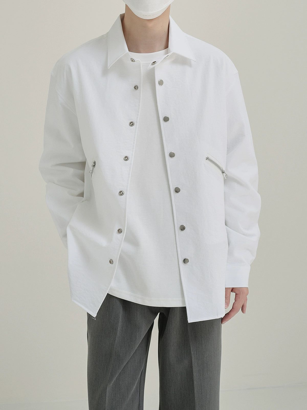 Zhou Snap Buttons Collared Shirt-korean-fashion-Shirt-Zhou's Closet-OH Garments