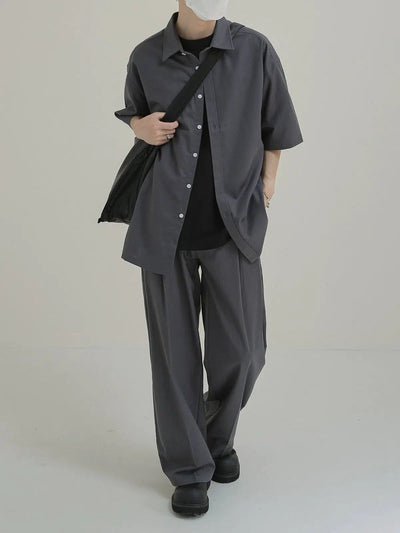 Zhou Solid Color Neat Shirt & Pants Set-korean-fashion-Clothing Set-Zhou's Closet-OH Garments