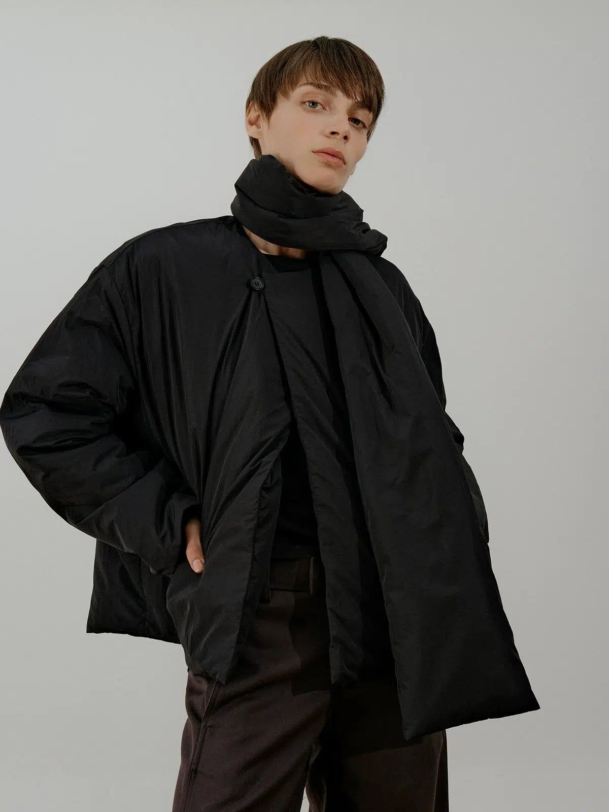 Zhou Solid Detachable Scarf Puffer Jacket-korean-fashion-Jacket-Zhou's Closet-OH Garments