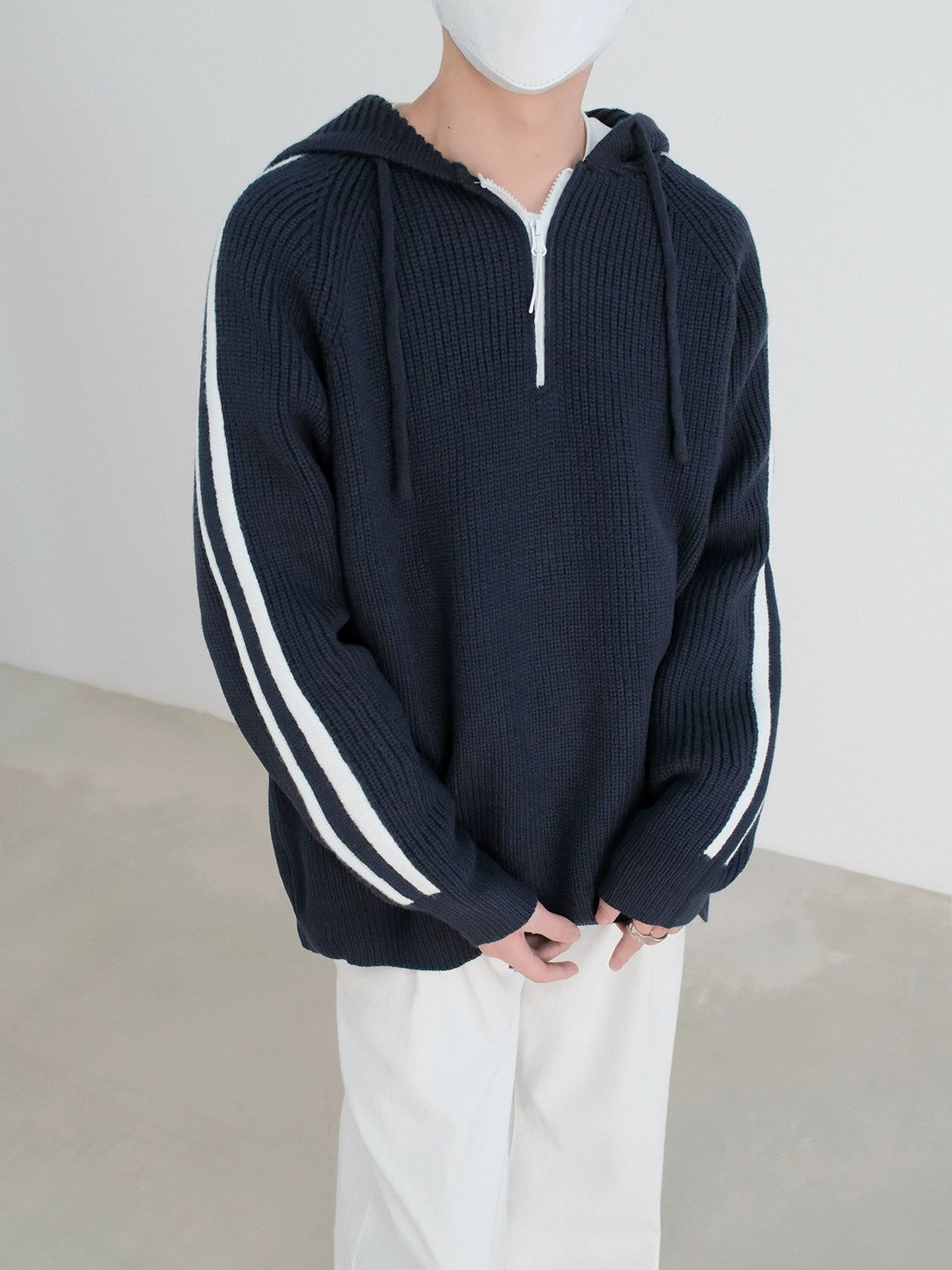 Zhou Sports Striped Knit Half-Zip Hoodie-korean-fashion-Hoodie-Zhou's Closet-OH Garments