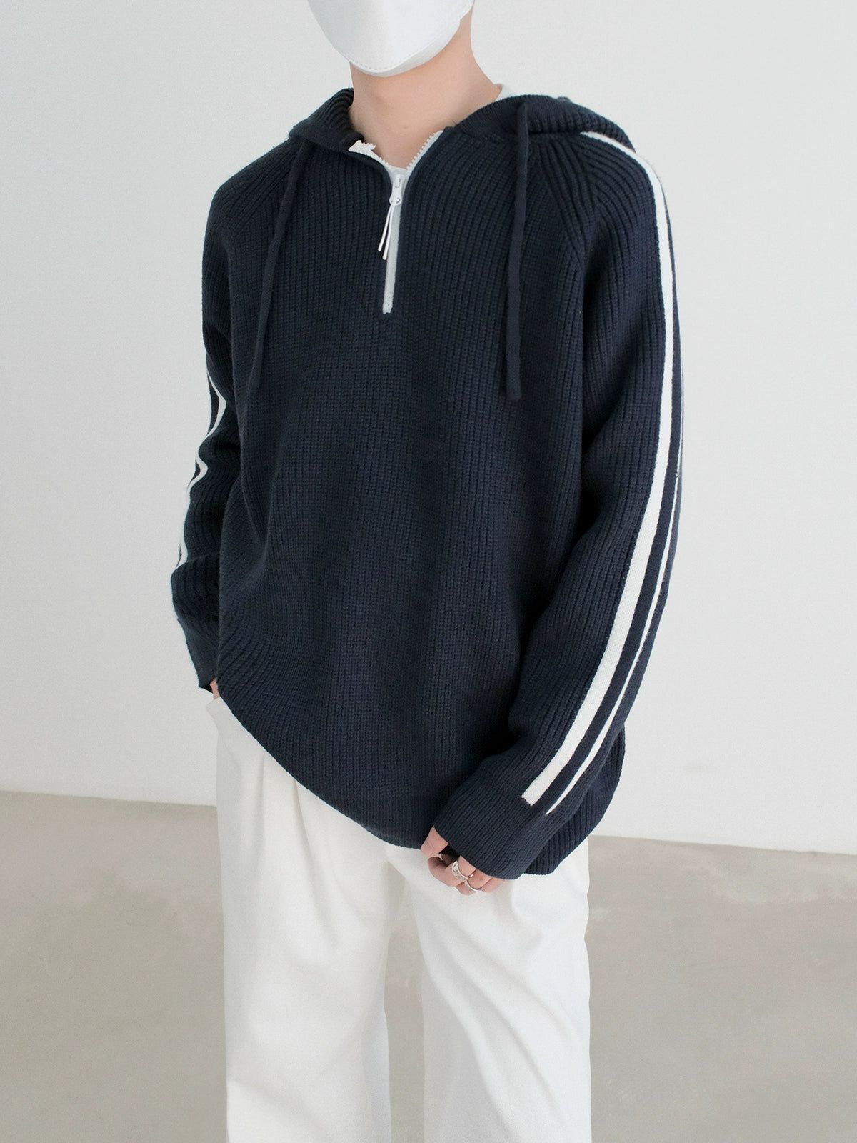 Zhou Sports Striped Knit Half-Zip Hoodie-korean-fashion-Hoodie-Zhou's Closet-OH Garments