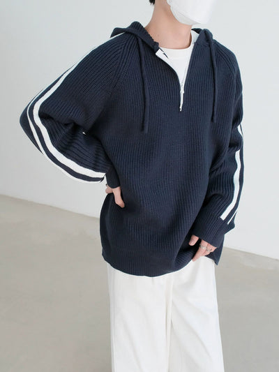 Zhou Sports Striped Knit Half-Zip Hoodie-korean-fashion-Hoodie-Zhou's Closet-OH Garments