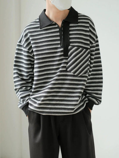 Zhou Striped Collared Half-Zip-korean-fashion-Half-Zip-Zhou's Closet-OH Garments