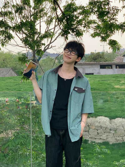 Zhou Striped Contrast Collar Pocket Shirt-korean-fashion-Shirt-Zhou's Closet-OH Garments