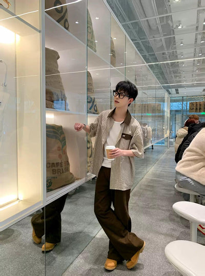 Zhou Striped Contrast Collar Pocket Shirt-korean-fashion-Shirt-Zhou's Closet-OH Garments