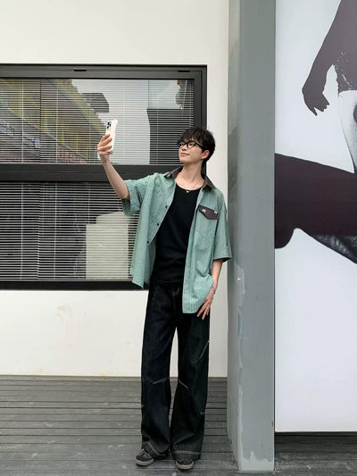 Zhou Striped Contrast Collar Pocket Shirt-korean-fashion-Shirt-Zhou's Closet-OH Garments