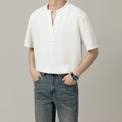 Zhou Textured V-Neck Cut T-Shirt-korean-fashion-T-Shirt-Zhou's Closet-OH Garments