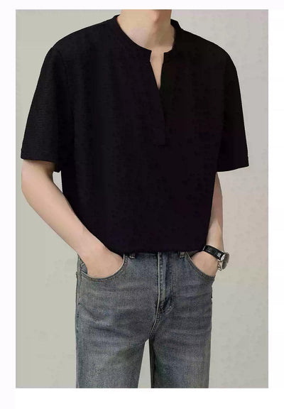 Zhou Textured V-Neck Cut T-Shirt-korean-fashion-T-Shirt-Zhou's Closet-OH Garments