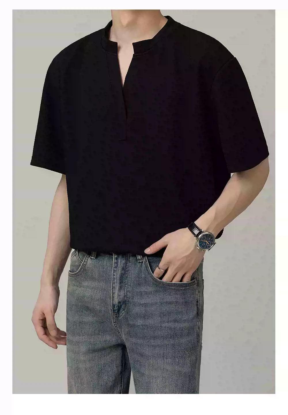 Zhou Textured V-Neck Cut T-Shirt-korean-fashion-T-Shirt-Zhou's Closet-OH Garments