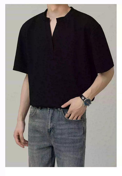 Zhou Textured V-Neck Cut T-Shirt-korean-fashion-T-Shirt-Zhou's Closet-OH Garments