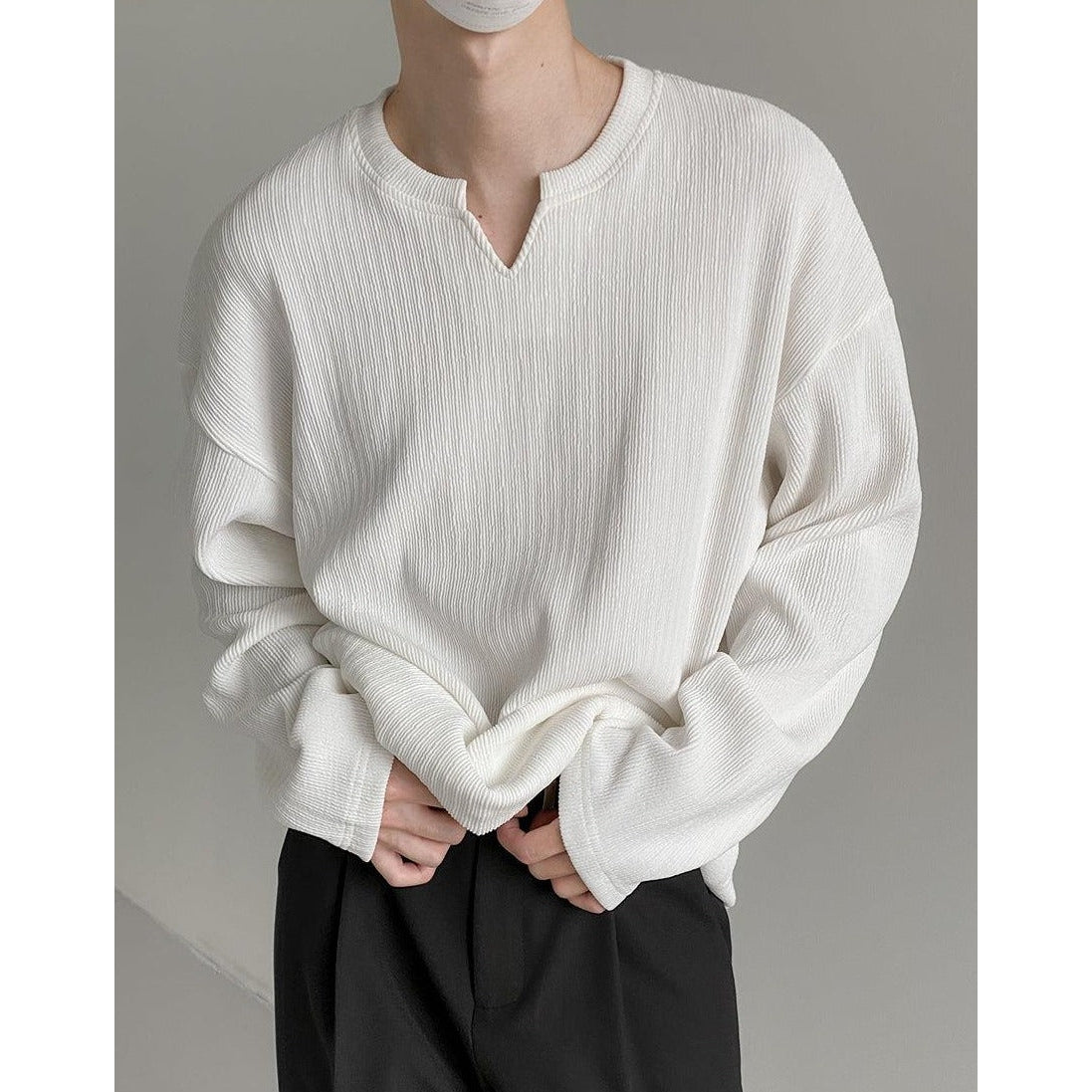 Zhou Thin Lines Textured Long Sleeve T-Shirt-korean-fashion-T-Shirt-Zhou's Closet-OH Garments