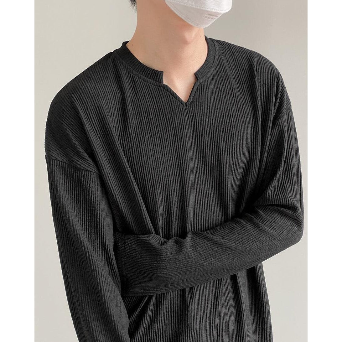 Zhou Thin Lines Textured Long Sleeve T-Shirt-korean-fashion-T-Shirt-Zhou's Closet-OH Garments