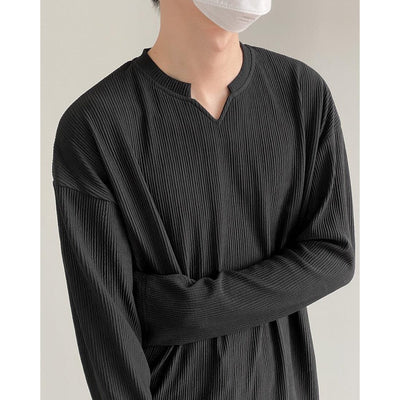 Zhou Thin Lines Textured Long Sleeve T-Shirt-korean-fashion-T-Shirt-Zhou's Closet-OH Garments