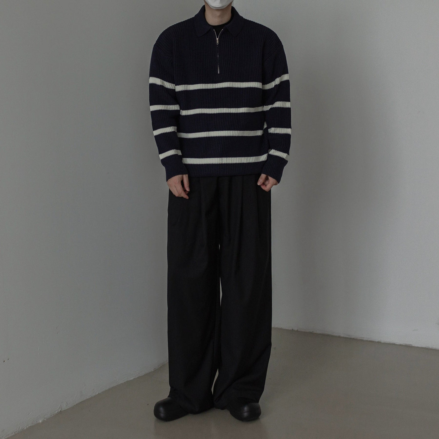 Zhou Waffle Grid Striped Half-Zip-korean-fashion-Half-Zip-Zhou's Closet-OH Garments