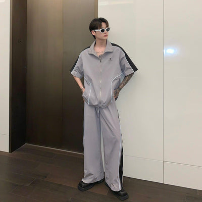 Cui Contrast Bar and Abstract Lines Zipped Shirt & Pants-korean-fashion-Pants-Cui's Closet-OH Garments