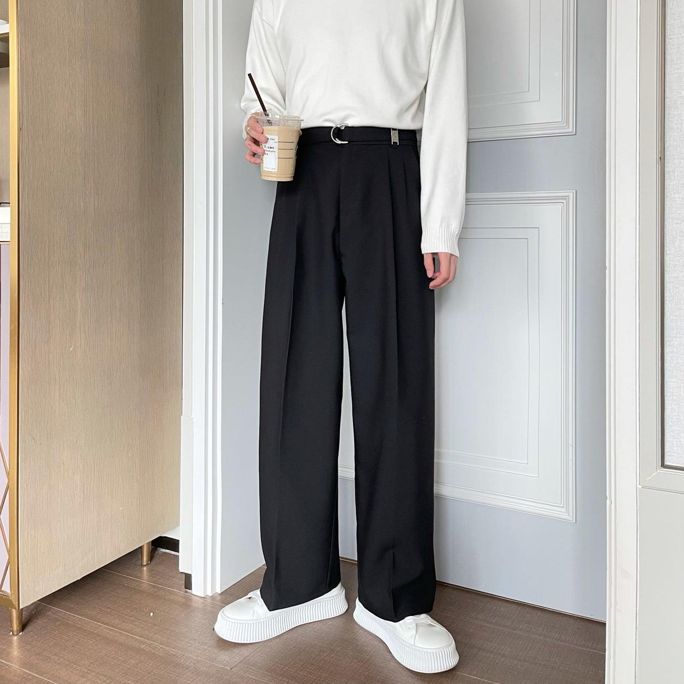 Cui D-Buckle Cloth Belt Trousers-korean-fashion-Pants-Cui's Closet-OH Garments