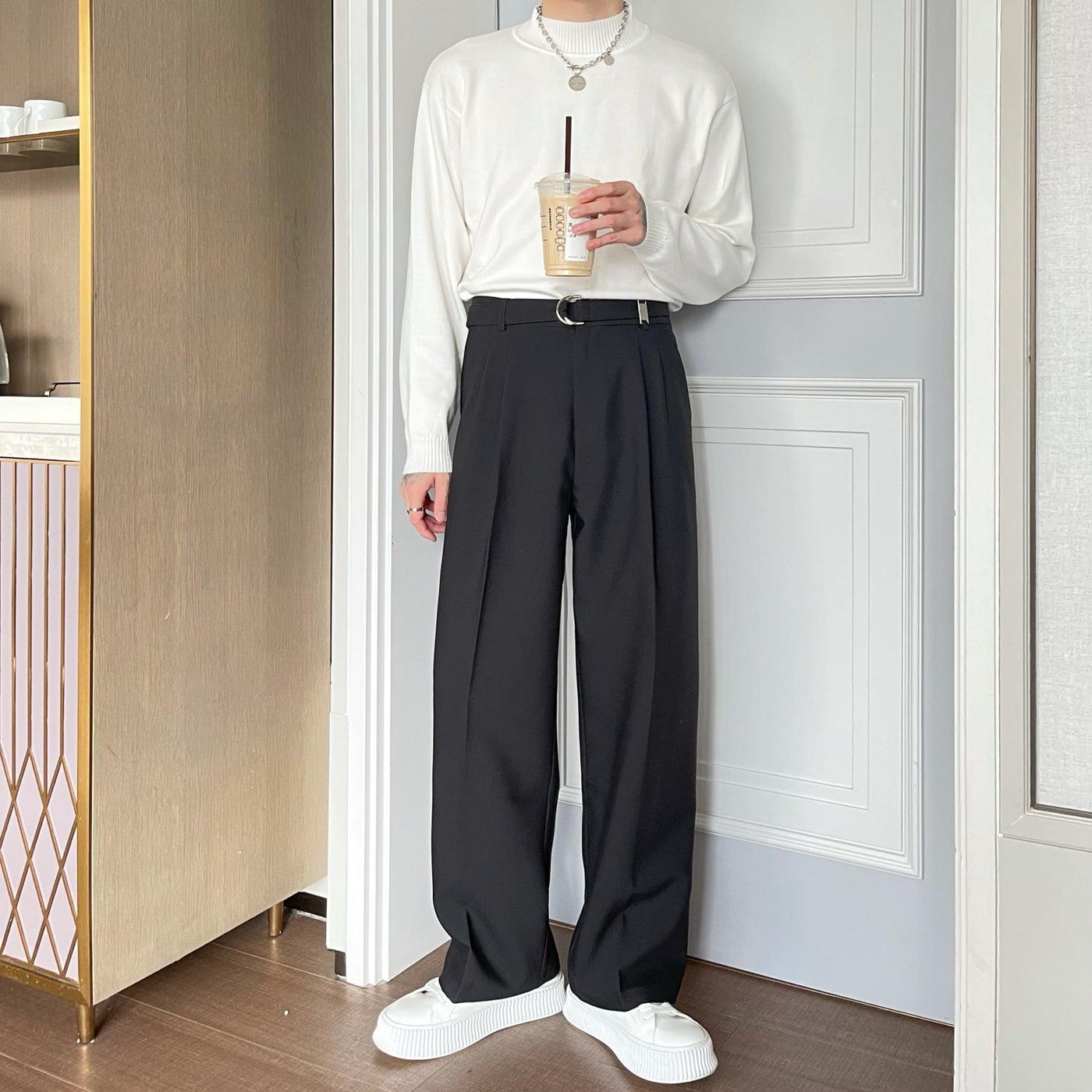 Cui D-Buckle Cloth Belt Trousers-korean-fashion-Pants-Cui's Closet-OH Garments