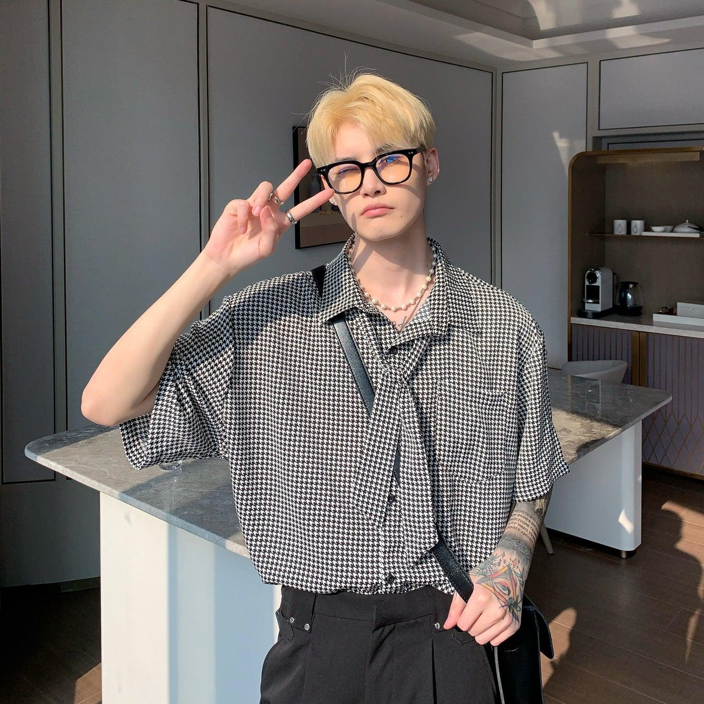 Cui Houndstooth Ribbon Tie Shirt-korean-fashion-Shirt-Cui's Closet-OH Garments