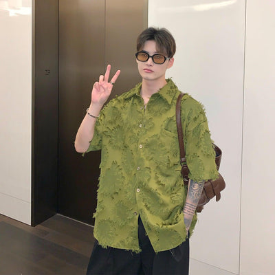 Cui Leaf Patches Moss Buttoned Shirt-korean-fashion-Shirt-Cui's Closet-OH Garments