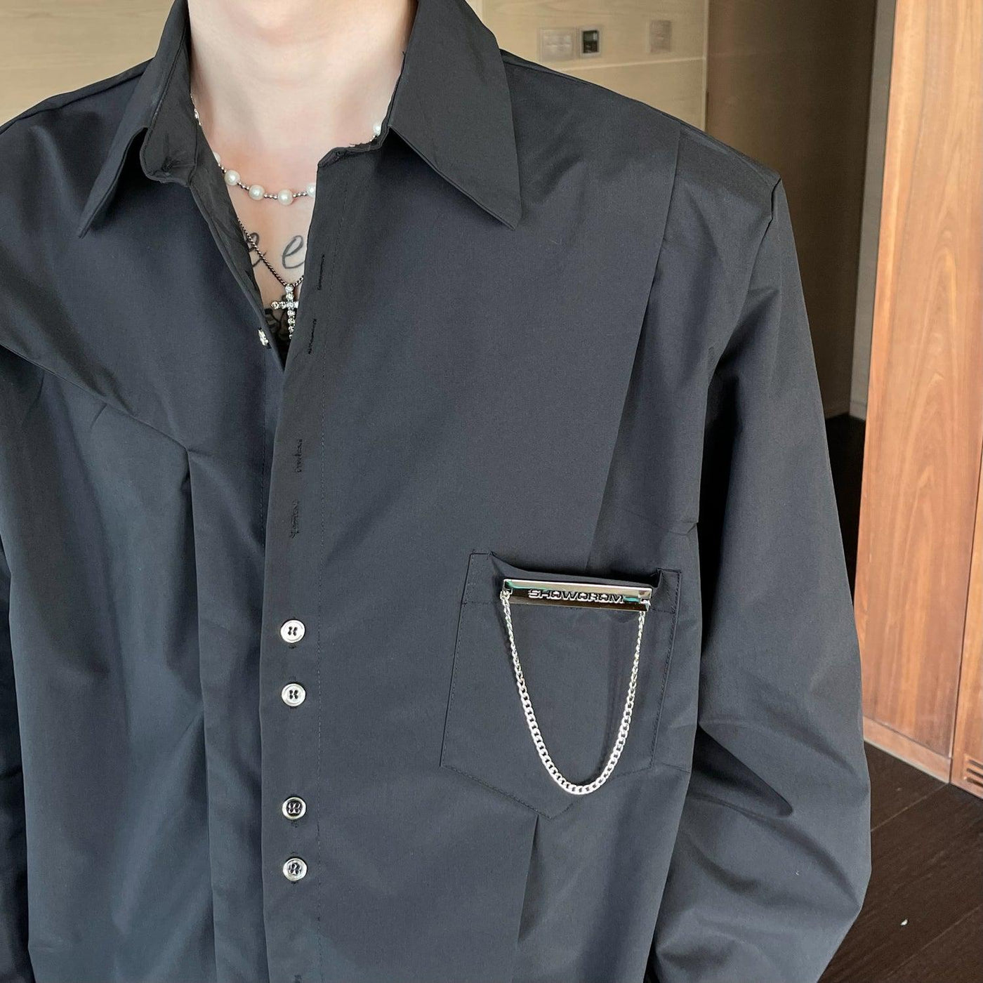 Cui Multiple Buttons and Chain Shirt-korean-fashion-Shirt-Cui's Closet-OH Garments