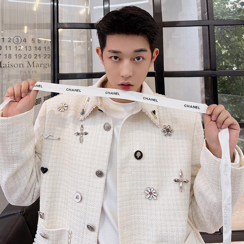 Woo Assorted Metal Pins Textured Blazer-korean-fashion-Blazer-Woo's Closet-OH Garments