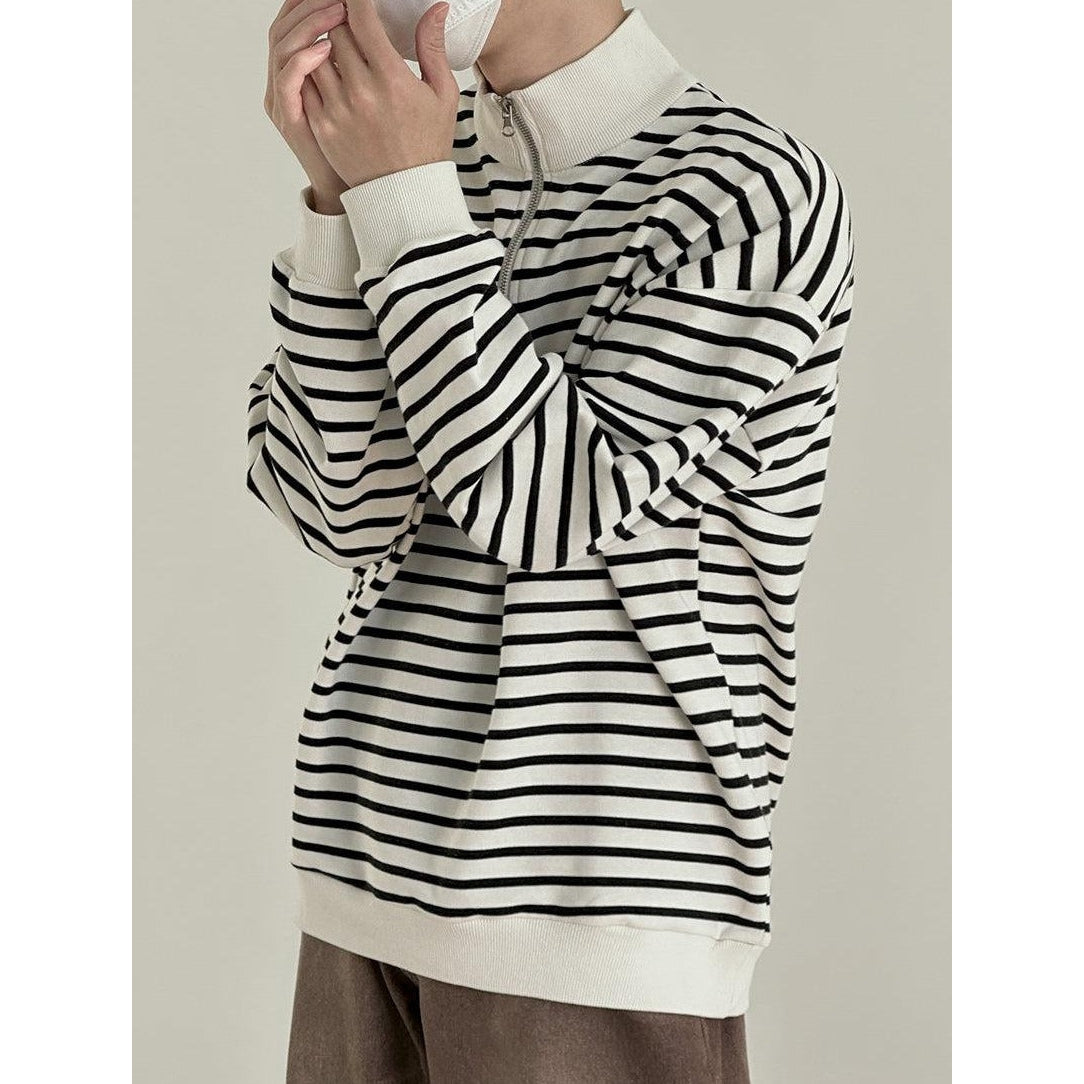 Zhou Horizontal Stripes Half-Zip-korean-fashion-Half-Zip-Zhou's Closet-OH Garments